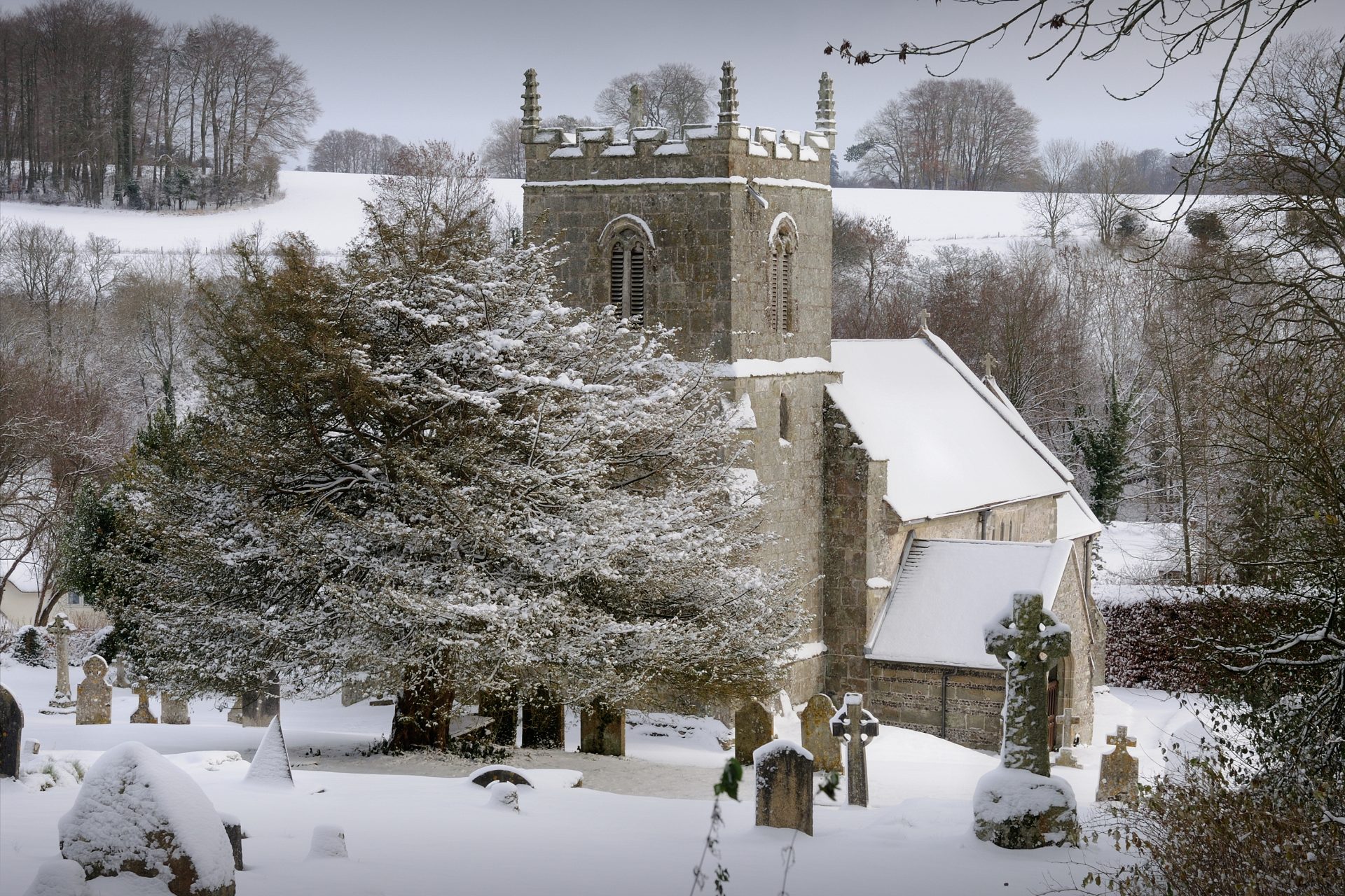 A snowy view from the hill above the church