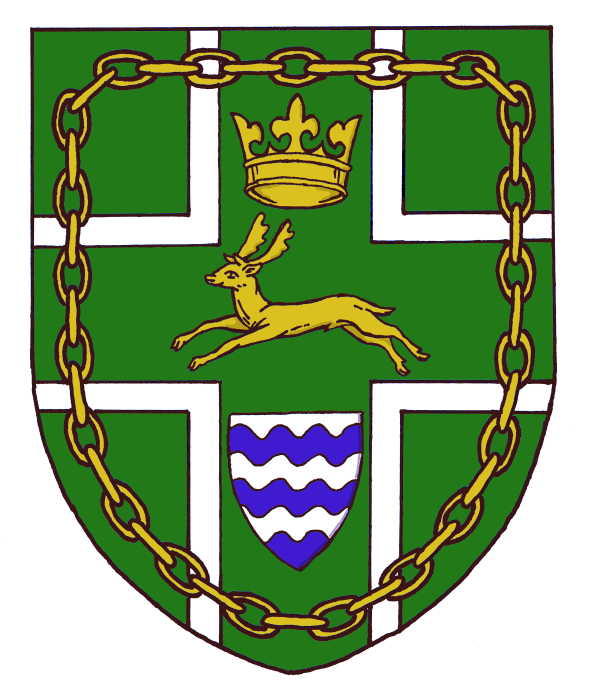 The Tollard Royal Parish Emblem - a green shield with a crown, a buck, a shield with wavy white and blue bars, surrounded by a crown, and with a white cross